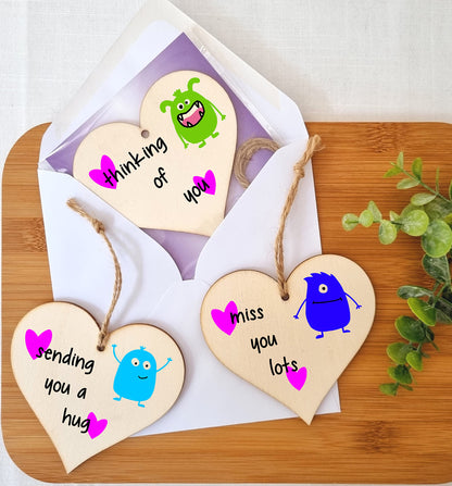 The Plum Penguin Set of 3 Hanging Decorations Wooden Hearts Send Love Friendship Card Gift | Thinking Of You | Miss You Lots | Sending a Hug