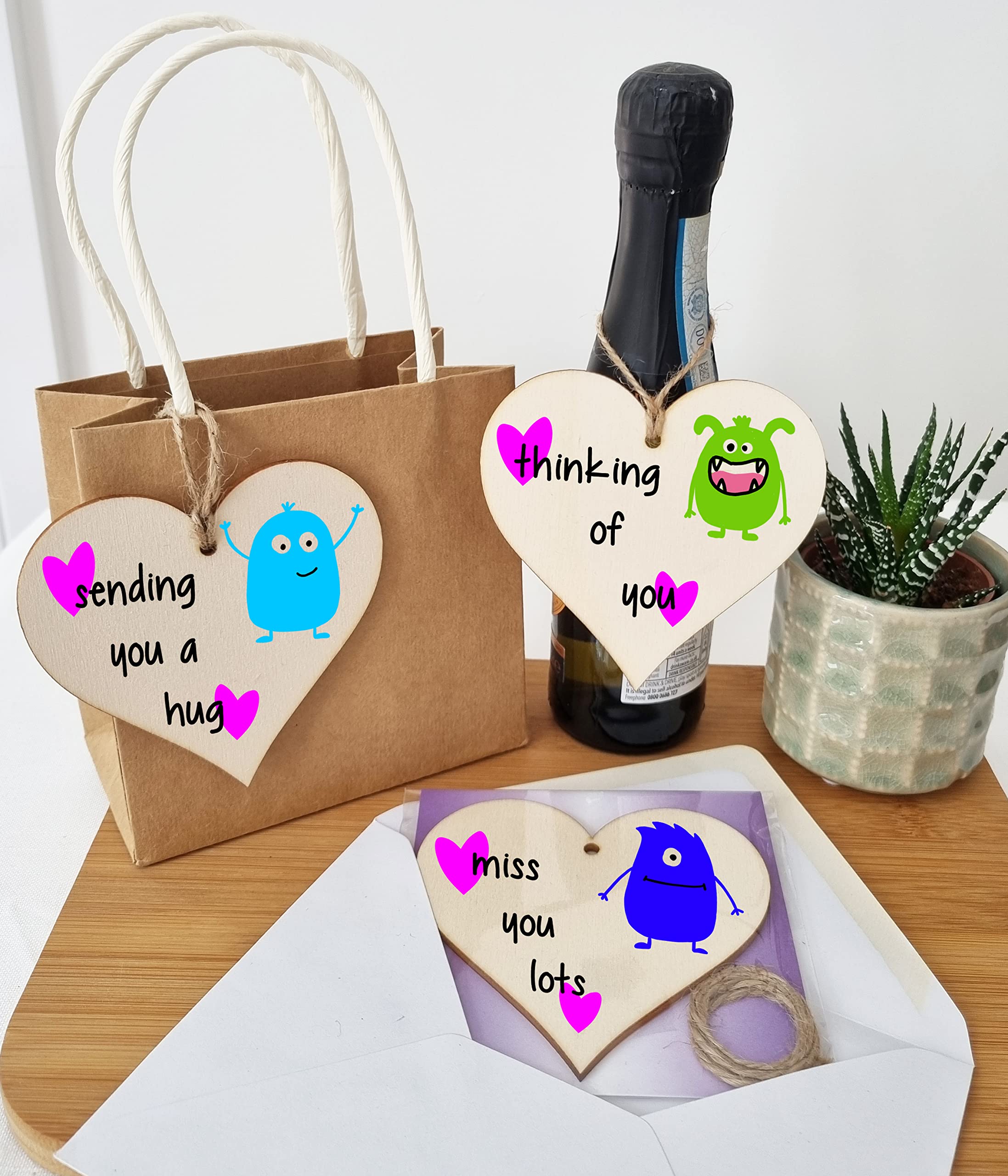 The Plum Penguin Set of 3 Hanging Decorations Wooden Hearts Send Love Friendship Card Gift | Thinking Of You | Miss You Lots | Sending a Hug