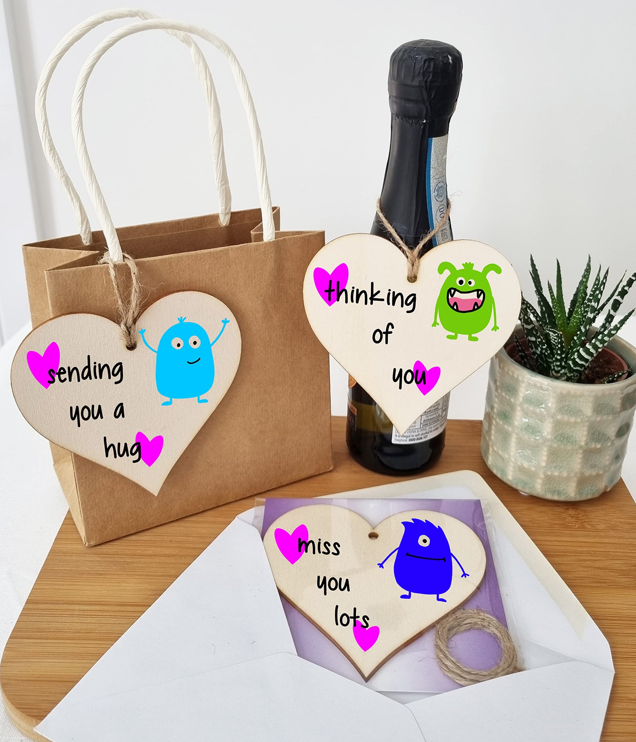 The Plum Penguin Set of 3 Hanging Decorations Wooden Hearts Send Love Friendship Card Gift | Thinking Of You | Miss You Lots | Sending a Hug