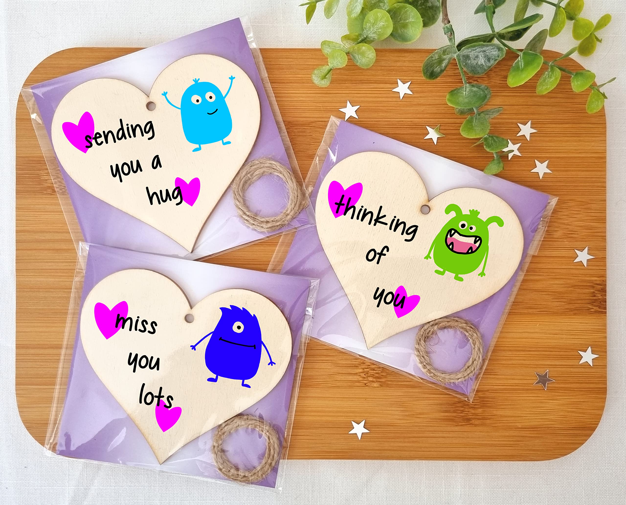 The Plum Penguin Set of 3 Hanging Decorations Wooden Hearts Send Love Friendship Card Gift | Thinking Of You | Miss You Lots | Sending a Hug