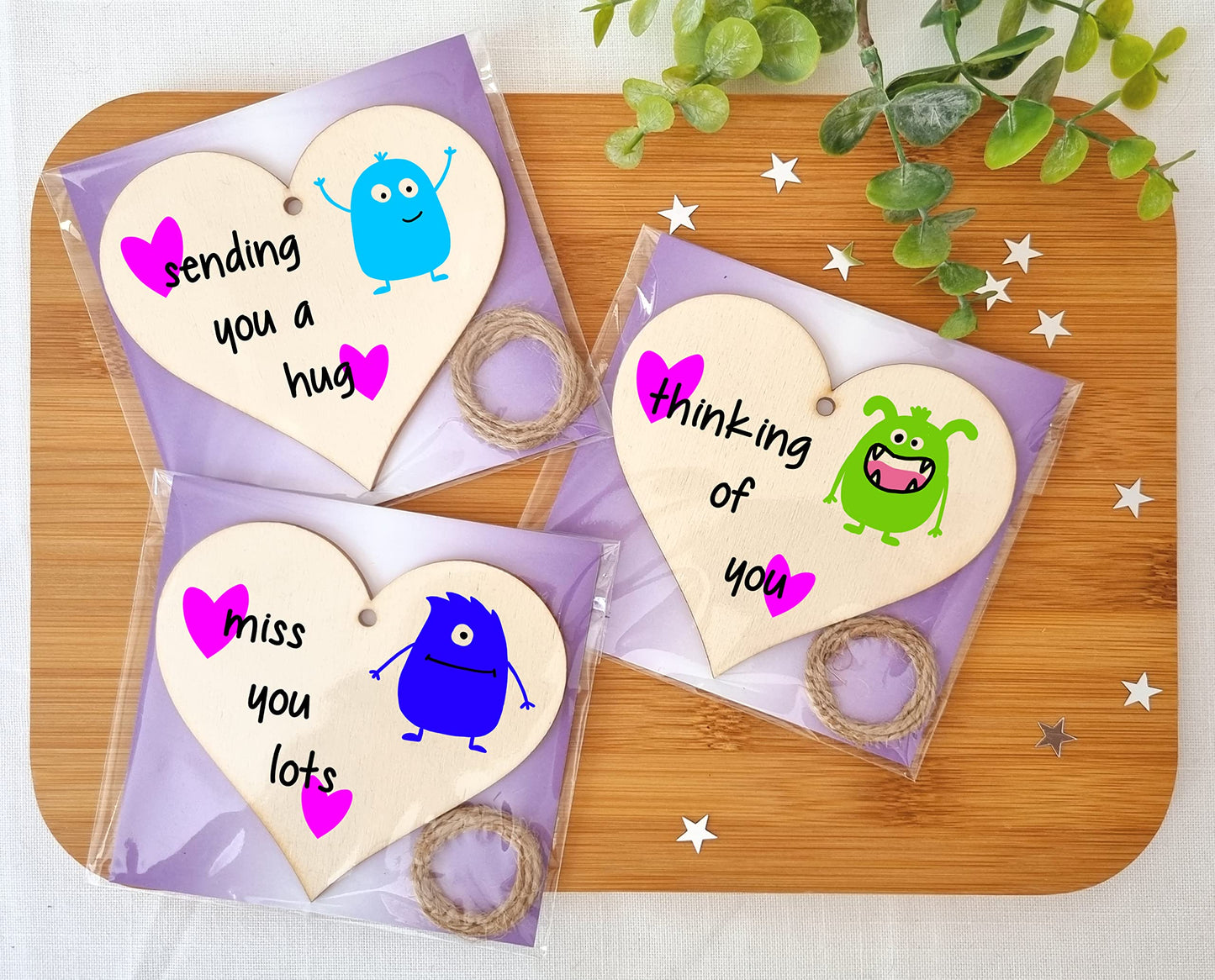 The Plum Penguin Set of 3 Hanging Decorations Wooden Hearts Send Love Friendship Card Gift | Thinking Of You | Miss You Lots | Sending a Hug