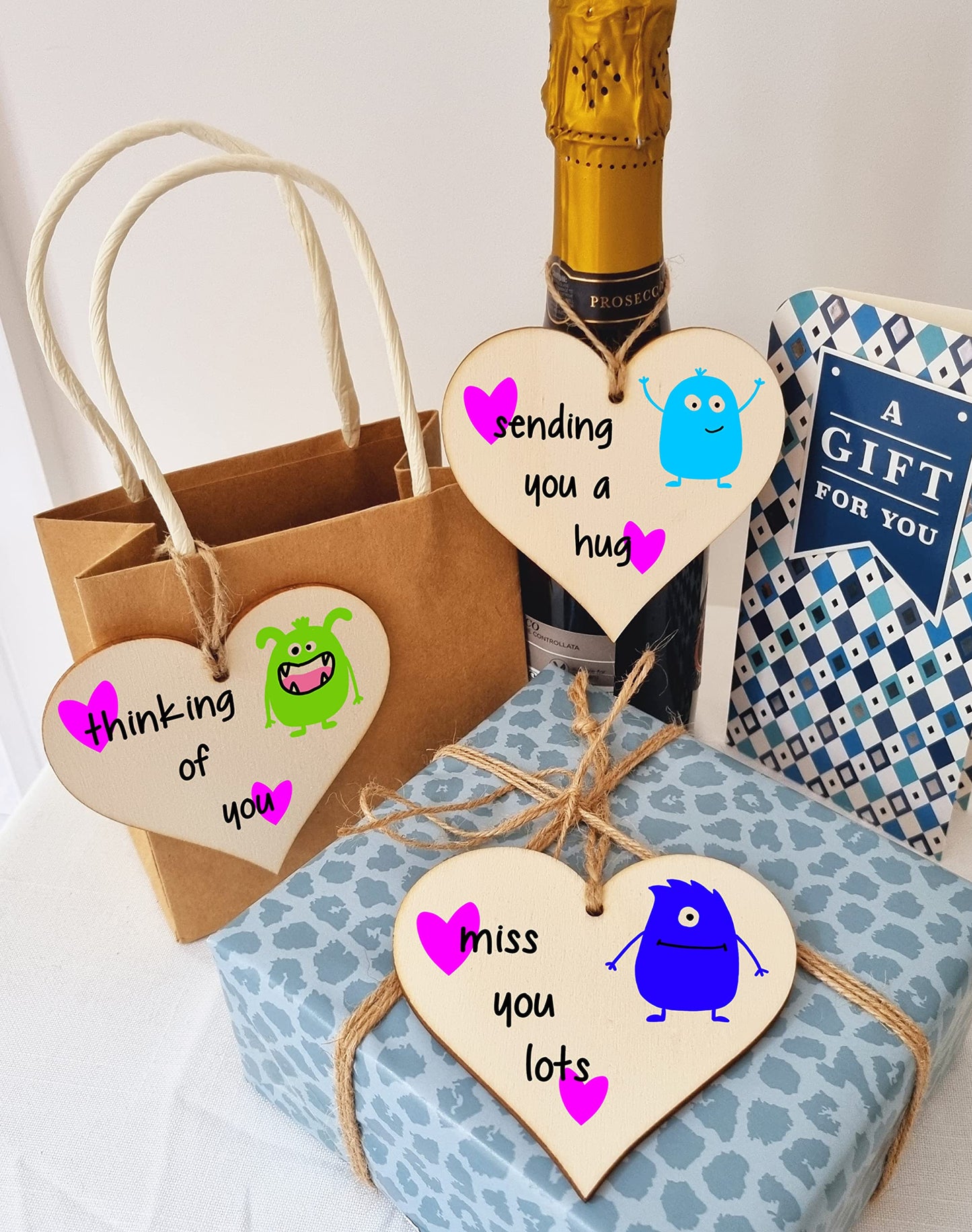 The Plum Penguin Set of 3 Hanging Decorations Wooden Hearts Send Love Friendship Card Gift | Thinking Of You | Miss You Lots | Sending a Hug