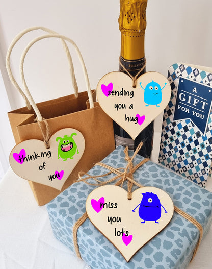 The Plum Penguin Set of 3 Hanging Decorations Wooden Hearts Send Love Friendship Card Gift | Thinking Of You | Miss You Lots | Sending a Hug