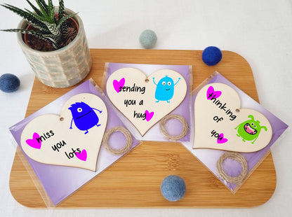 The Plum Penguin Set of 3 Hanging Decorations Wooden Hearts Send Love Friendship Card Gift | Thinking Of You | Miss You Lots | Sending a Hug
