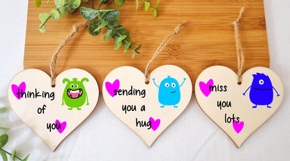 The Plum Penguin Set of 3 Hanging Decorations Wooden Hearts Send Love Friendship Card Gift | Thinking Of You | Miss You Lots | Sending a Hug