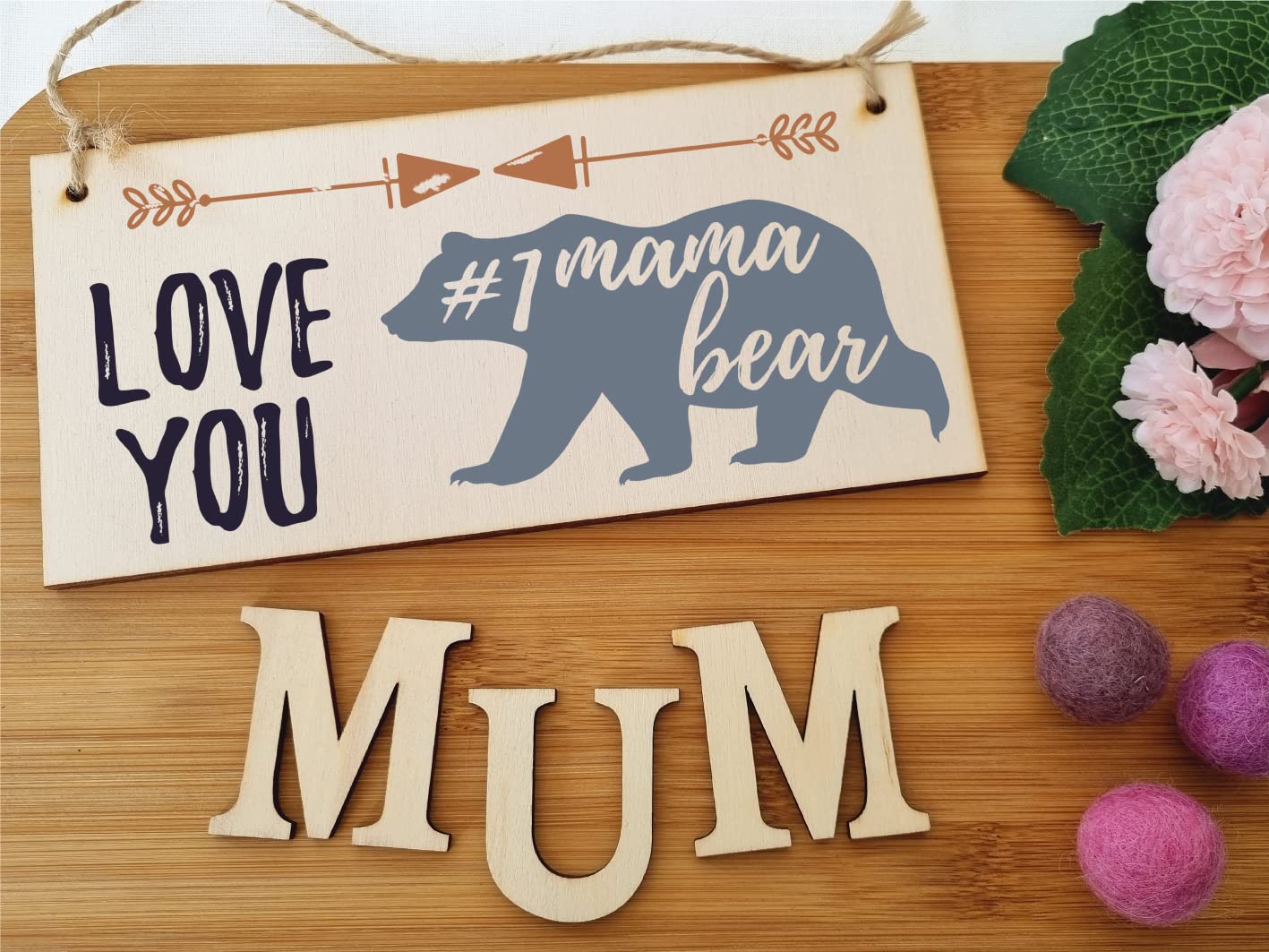 The Plum Penguin Handmade Wooden Hanging Wall Plaque Love You #1 Mama Bear Boho Style Gift Sign Mother's Day