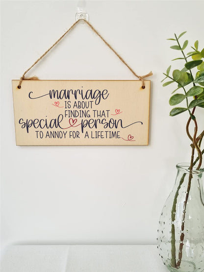 The Plum Penguin Handmade Wooden Hanging Wall Plaque Happy Marriage Special Person Annoy Lifetime Decorative Sign Wedding Gift