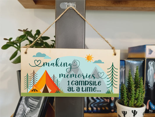 The Plum Penguin Handmade Wooden Hanging Wall Plaque Making Memories 1 Campsite at a Time Adventure Sign for Caravan Tent Camper
