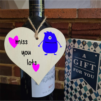 The Plum Penguin Handmade Wooden Hanging Heart Plaque Gift miss you lots funny novelty wall hanger cute monster kids design for long distance family friends grandparents
