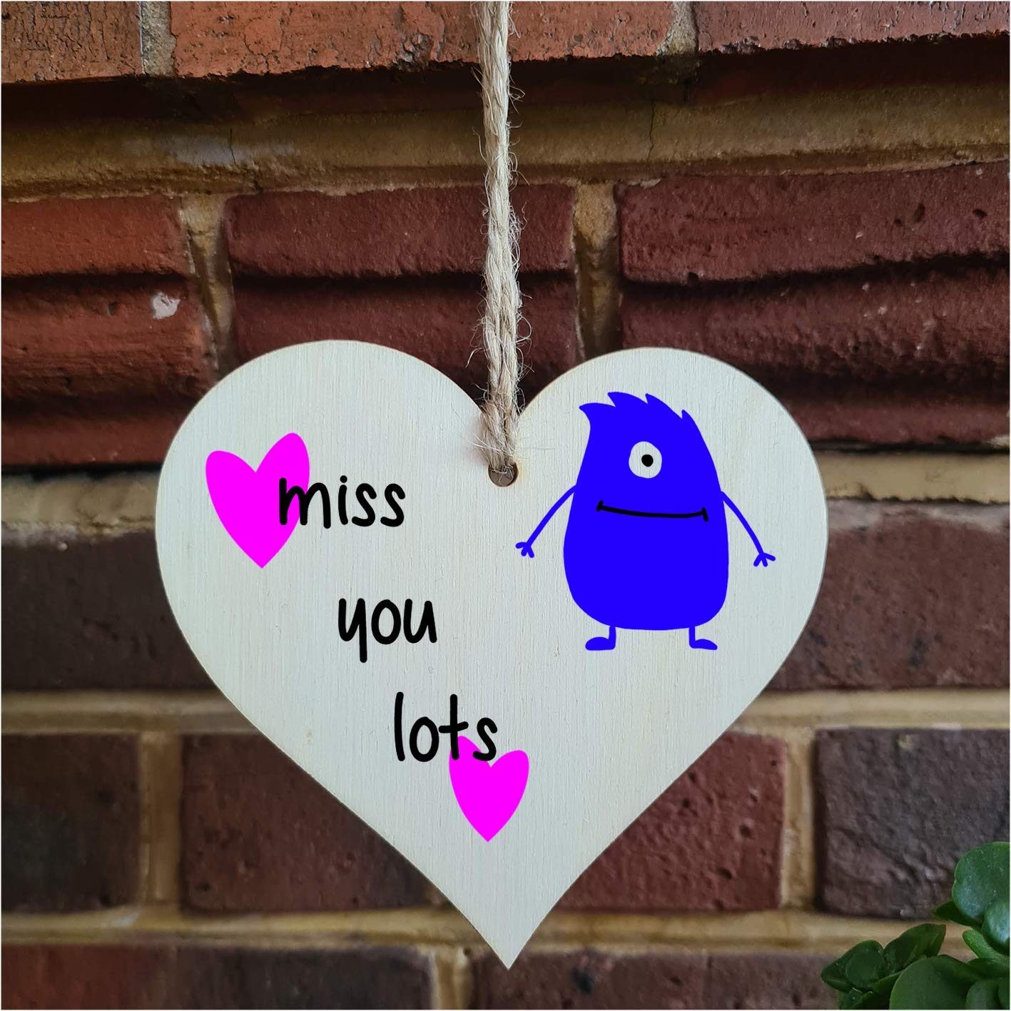 The Plum Penguin Handmade Wooden Hanging Heart Plaque Gift miss you lots funny novelty wall hanger cute monster kids design for long distance family friends grandparents