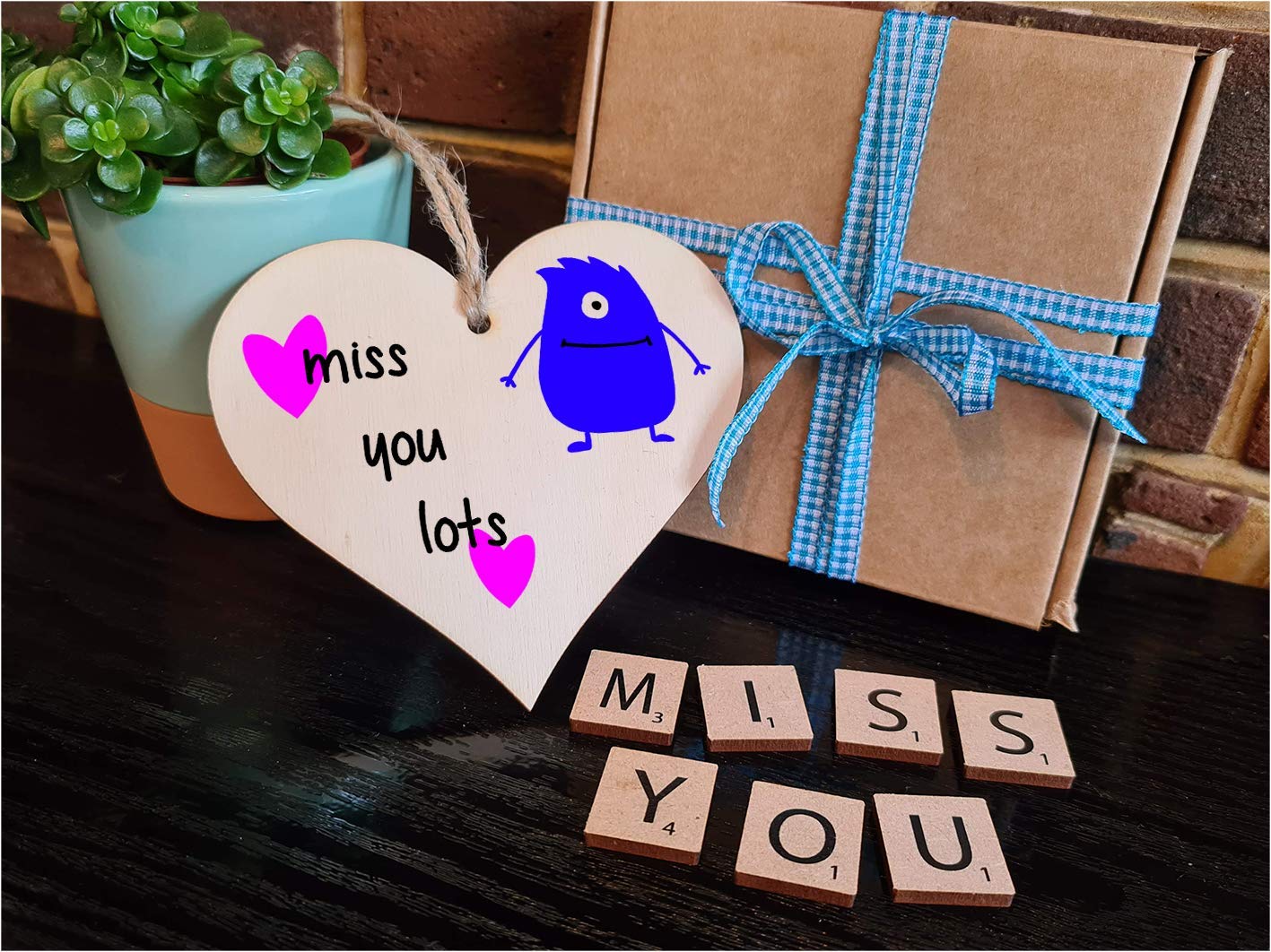 The Plum Penguin Handmade Wooden Hanging Heart Plaque Gift miss you lots funny novelty wall hanger cute monster kids design for long distance family friends grandparents