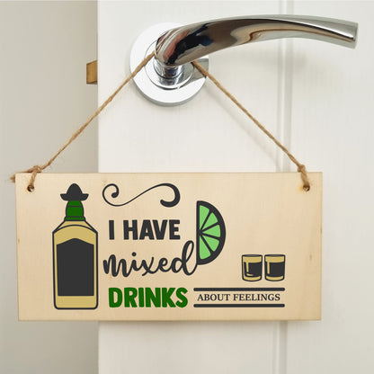 The Plum Penguin Handmade Wooden Hanging Wall Plaque I Have Mixed Drinks About Feelings Funny Novelty Alcohol Sign Home Bar