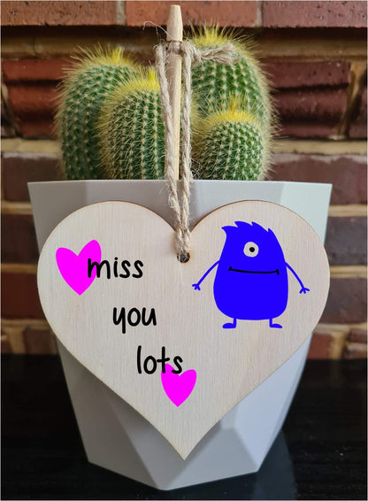 The Plum Penguin Handmade Wooden Hanging Heart Plaque Gift miss you lots funny novelty wall hanger cute monster kids design for long distance family friends grandparents