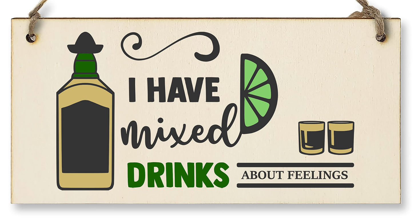 The Plum Penguin Handmade Wooden Hanging Wall Plaque I Have Mixed Drinks About Feelings Funny Novelty Alcohol Sign Home Bar