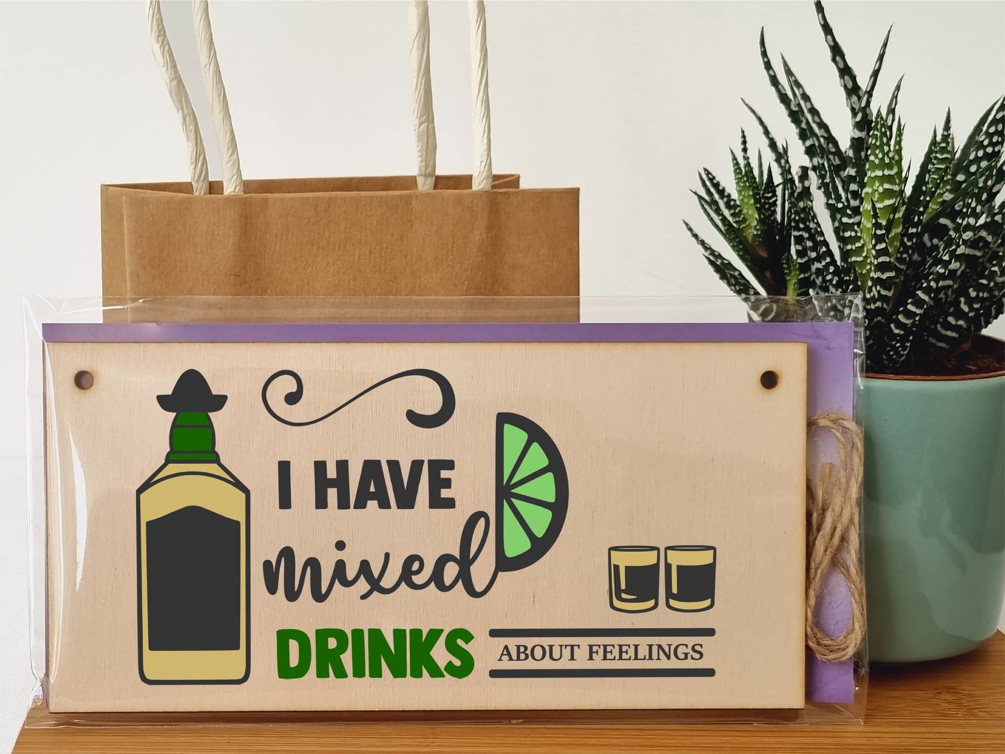 The Plum Penguin Handmade Wooden Hanging Wall Plaque I Have Mixed Drinks About Feelings Funny Novelty Alcohol Sign Home Bar