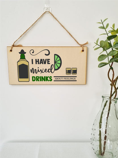 The Plum Penguin Handmade Wooden Hanging Wall Plaque I Have Mixed Drinks About Feelings Funny Novelty Alcohol Sign Home Bar