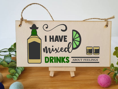 The Plum Penguin Handmade Wooden Hanging Wall Plaque I Have Mixed Drinks About Feelings Funny Novelty Alcohol Sign Home Bar