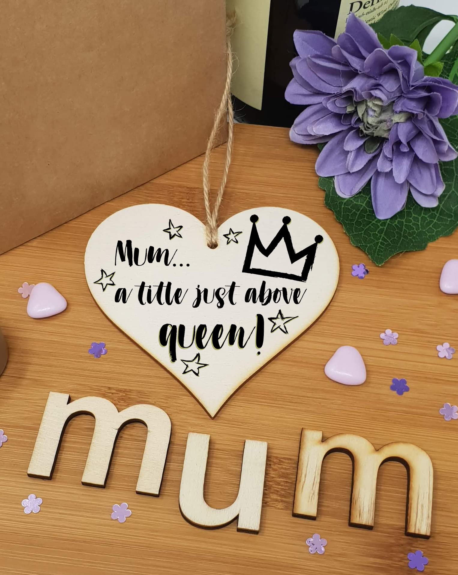The Plum Penguin Handmade Wooden Hanging Heart Plaque Mum a title just above queen fun inspirational yas kween keepsake from daughter son kids wall hanger card alternative