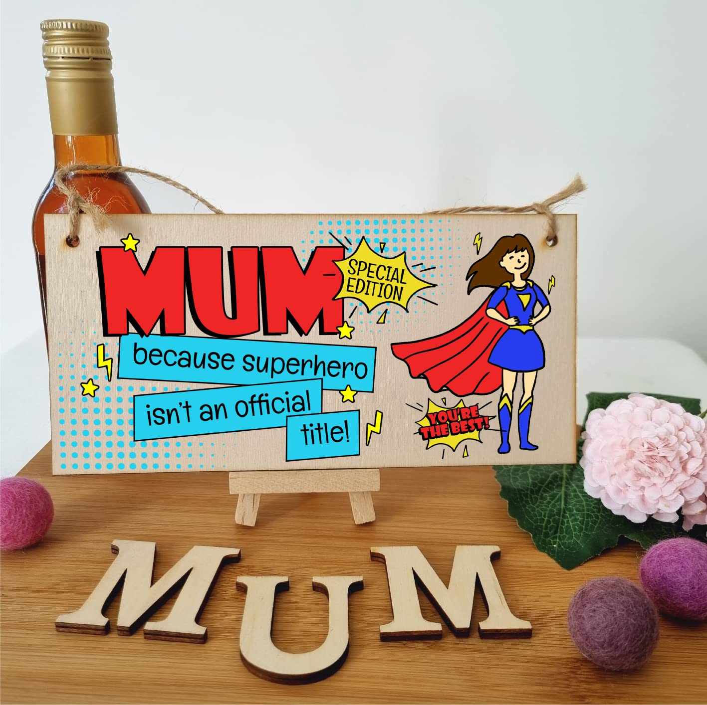The Plum Penguin Handmade Wooden Hanging Wall Plaque Mum Because Superhero Isn't an Official Title Fun Gift Sign Mother's Day
