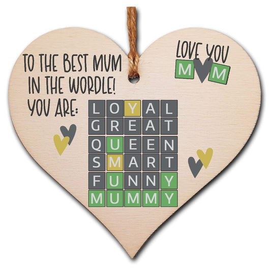 Handmade Wooden Hanging Heart Plaque Gift The Best Mum in the World Wordle Funny Mummy Play on Words
