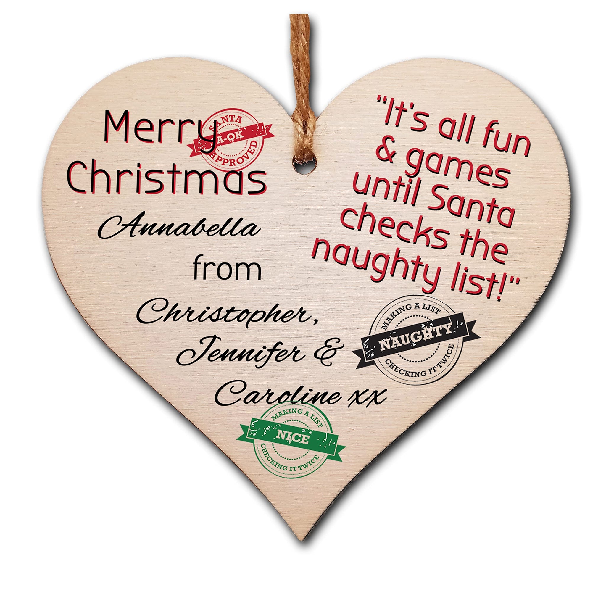 Handmade Christmas Hanging Wooden Heart Plaque Decoration Gift to wish someone special a merry xmas novelty fun festive bauble