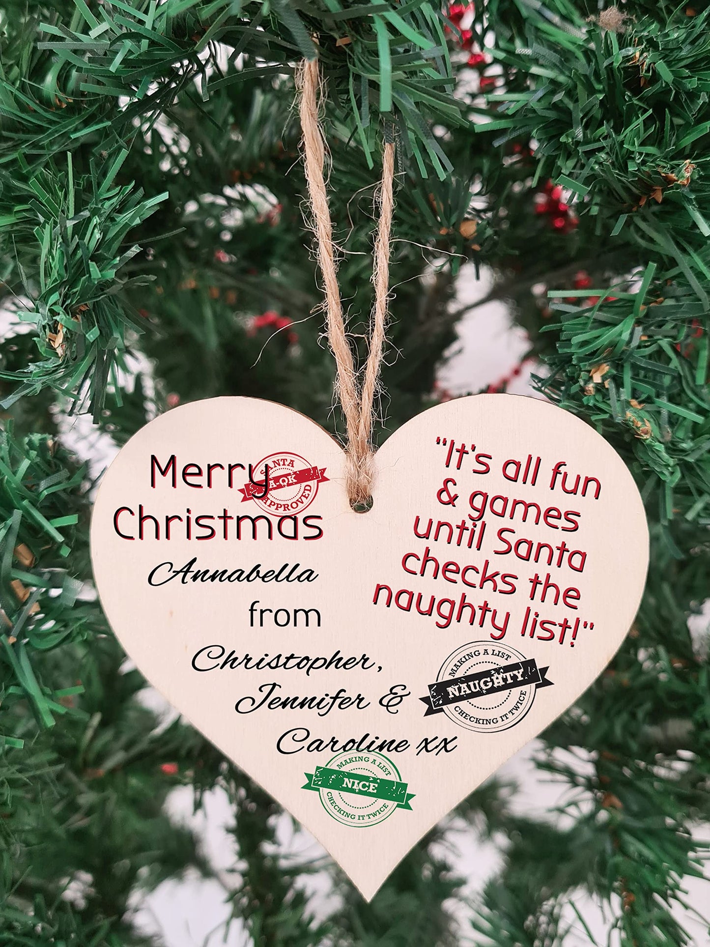 Handmade Christmas Hanging Wooden Heart Plaque Decoration Gift to wish someone special a merry xmas novelty fun festive bauble