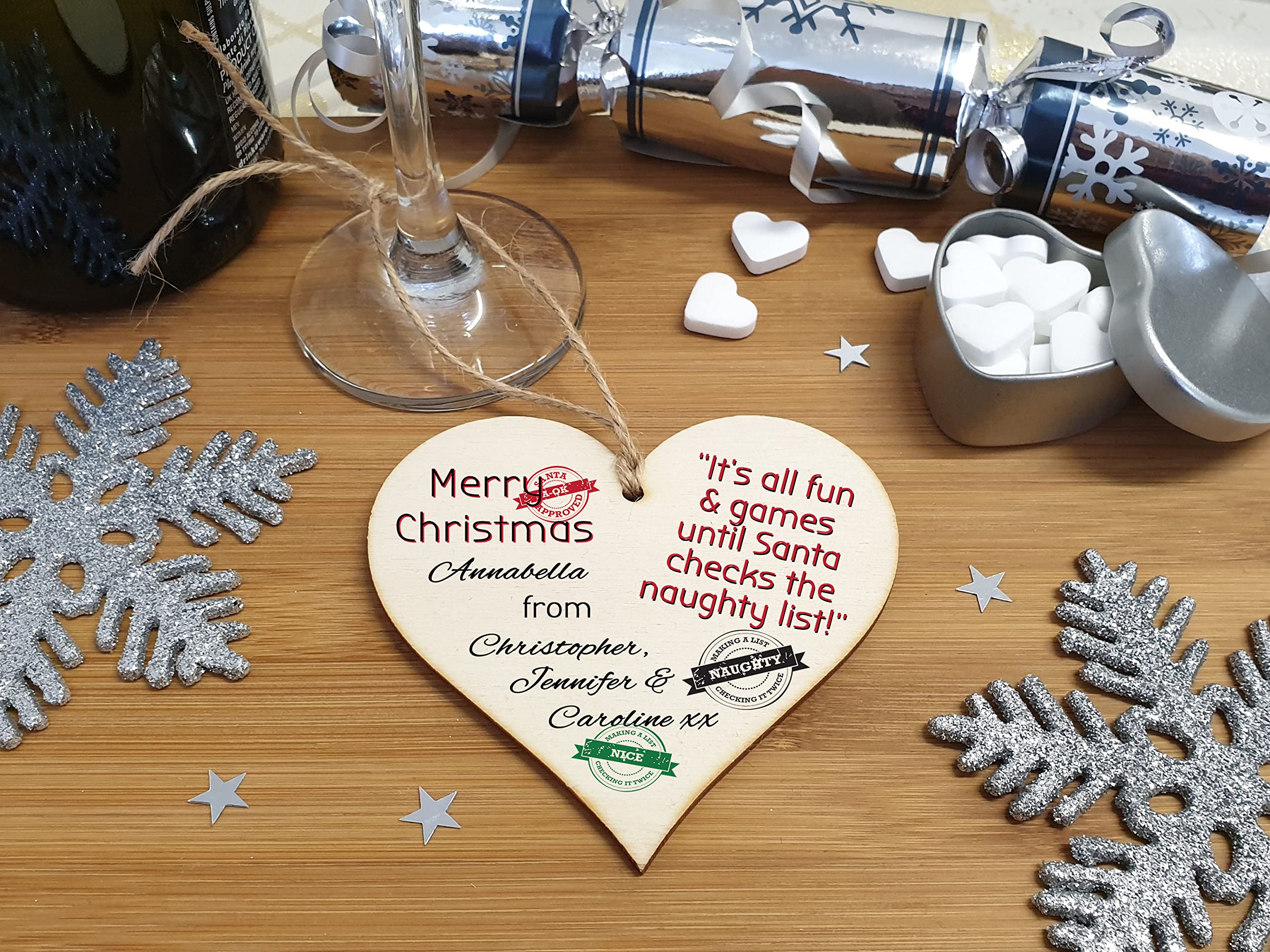 Handmade Christmas Hanging Wooden Heart Plaque Decoration Gift to wish someone special a merry xmas novelty fun festive bauble
