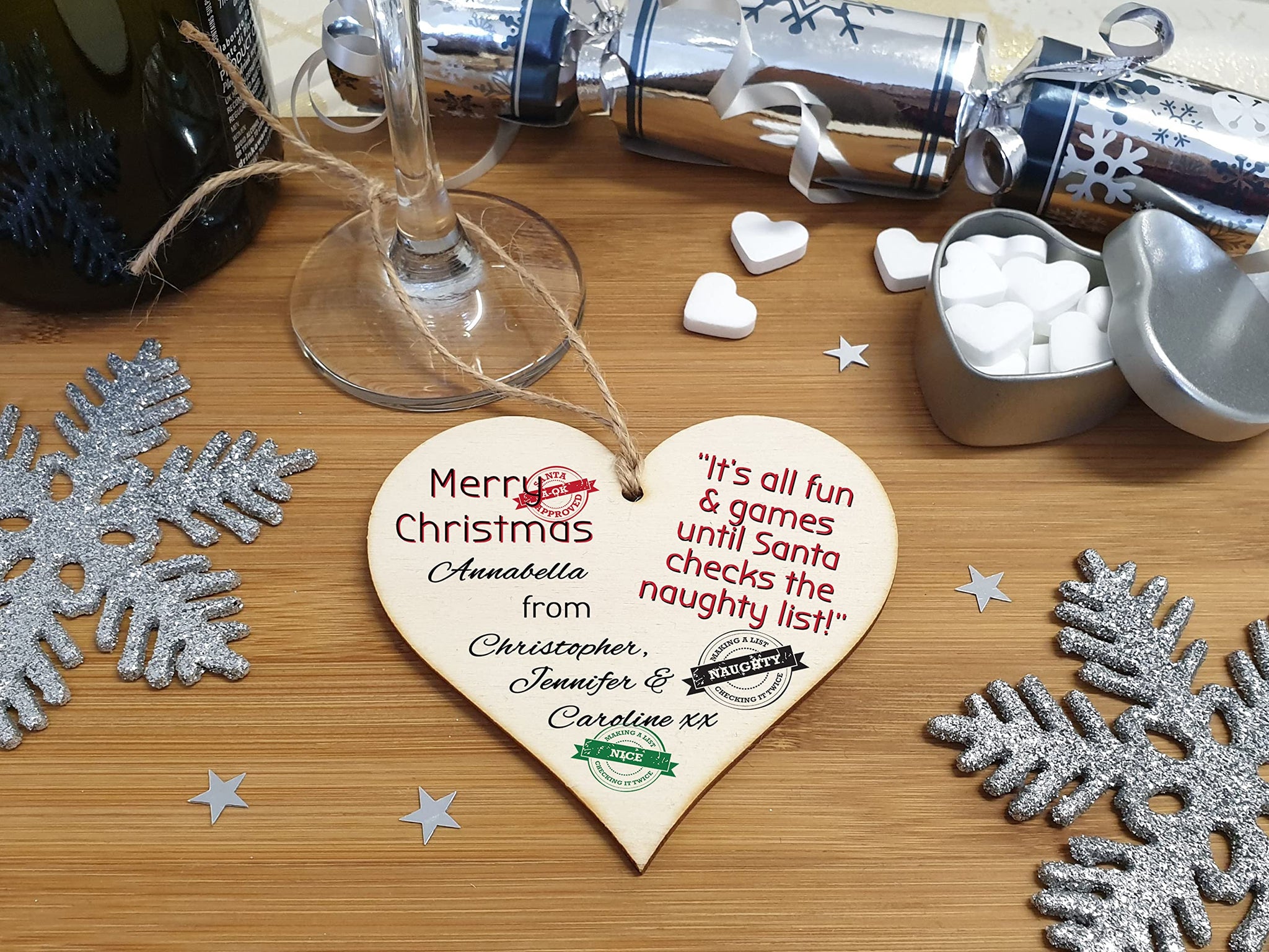 Handmade Christmas Hanging Wooden Heart Plaque Decoration Gift to wish someone special a merry xmas novelty fun festive bauble