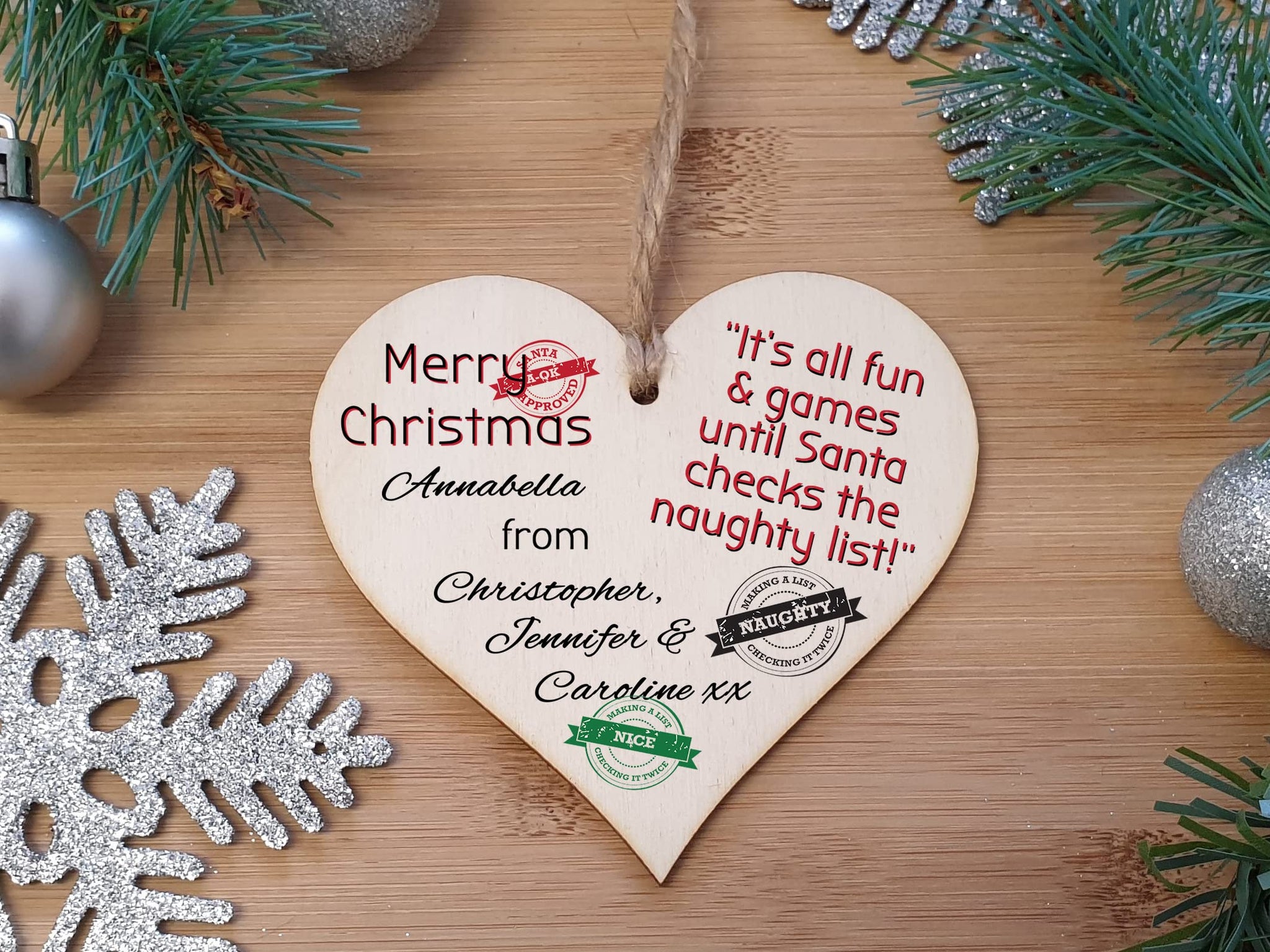 Handmade Christmas Hanging Wooden Heart Plaque Decoration Gift to wish someone special a merry xmas novelty fun festive bauble
