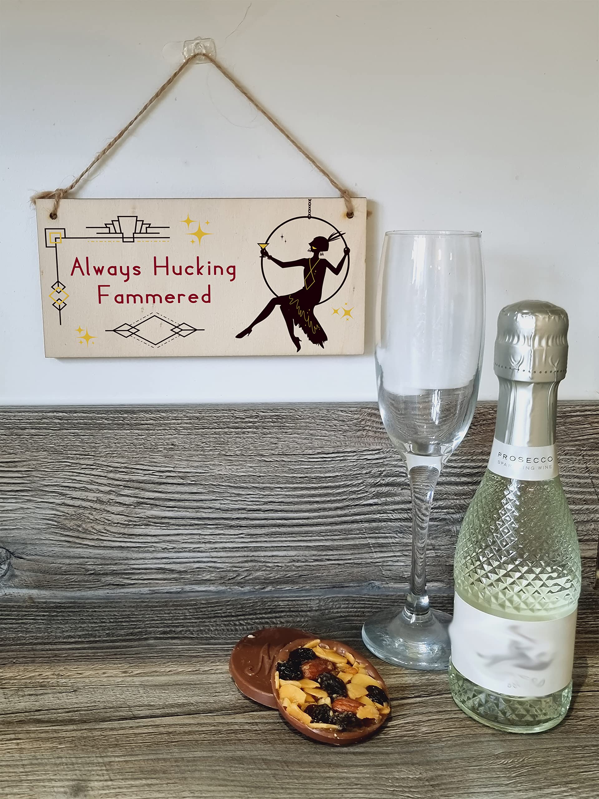 The Plum Penguin Handmade Wooden Hanging Wall Plaque Always Hucking Fammered Funny Novelty Joke Plaque Hammered Alcohol Sign