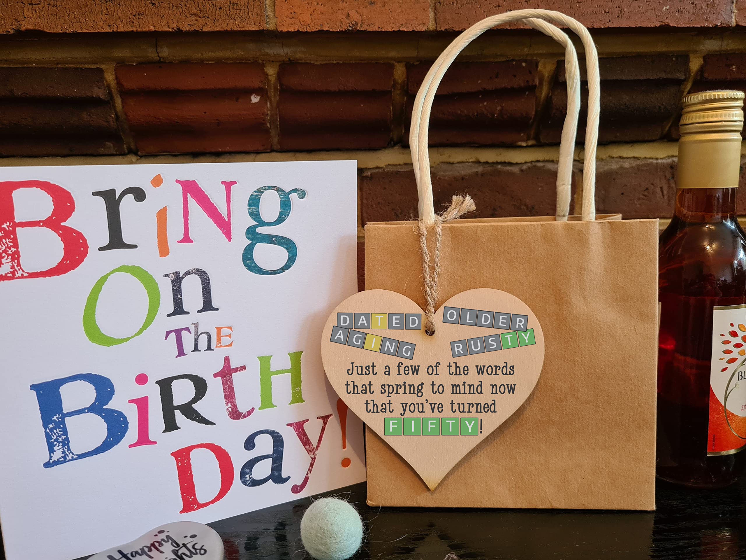 The Plum Penguin Handmade Wooden Hanging Heart Plaque Gift Happy Birthday Fifty Funny Wordle Just a few words that spring to mind