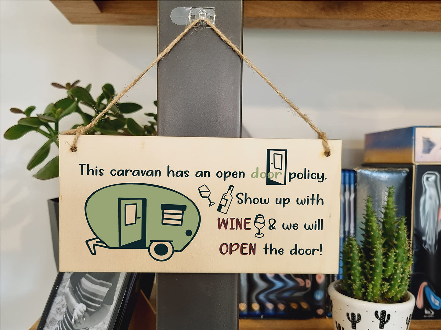 The Plum Penguin Handmade Wooden Hanging Wall Plaque Caravn Open Door Policy Bring Wine Funny Friendship Sign for Caravan Camper
