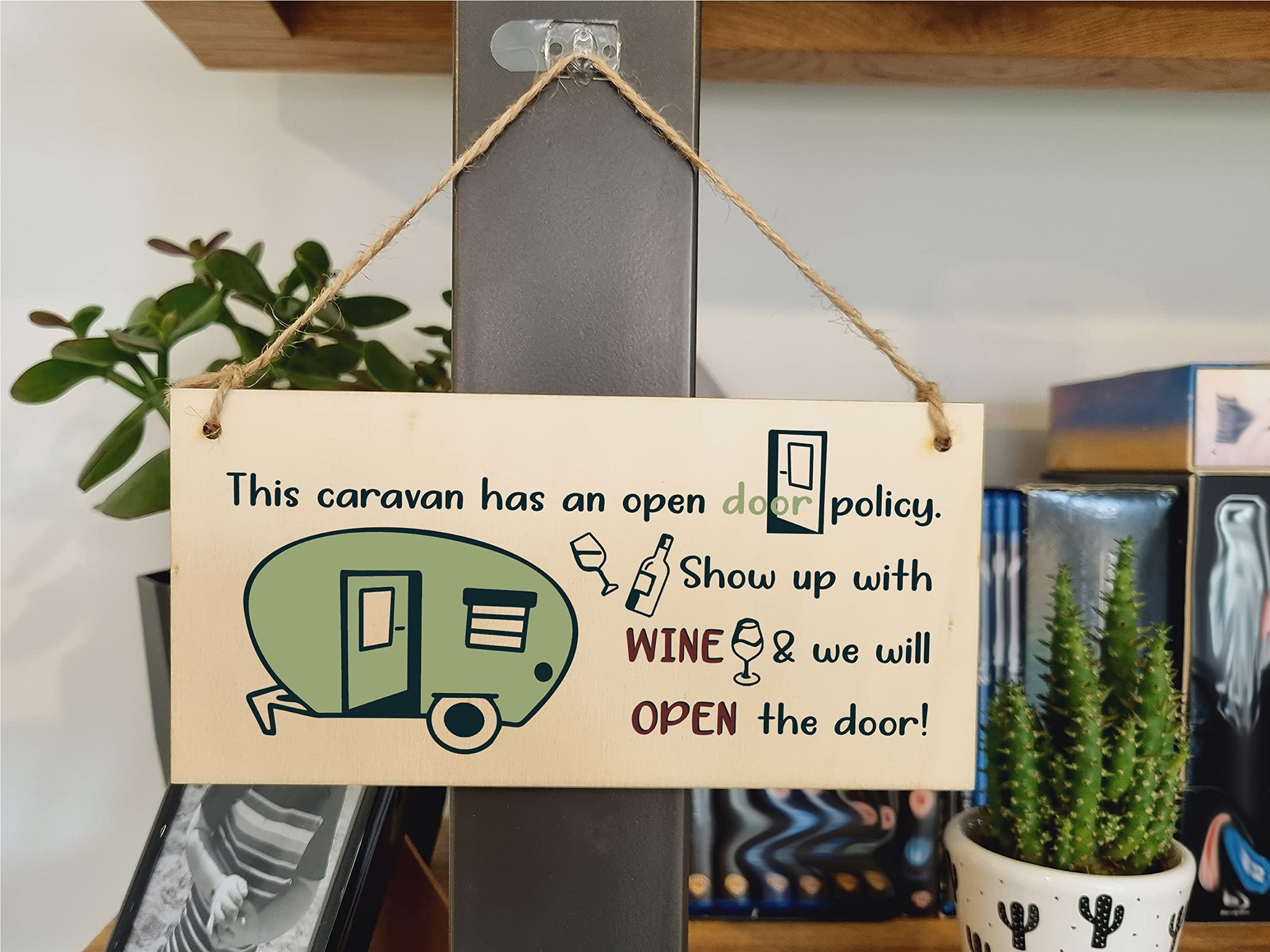 The Plum Penguin Handmade Wooden Hanging Wall Plaque Caravn Open Door Policy Bring Wine Funny Friendship Sign for Caravan Camper