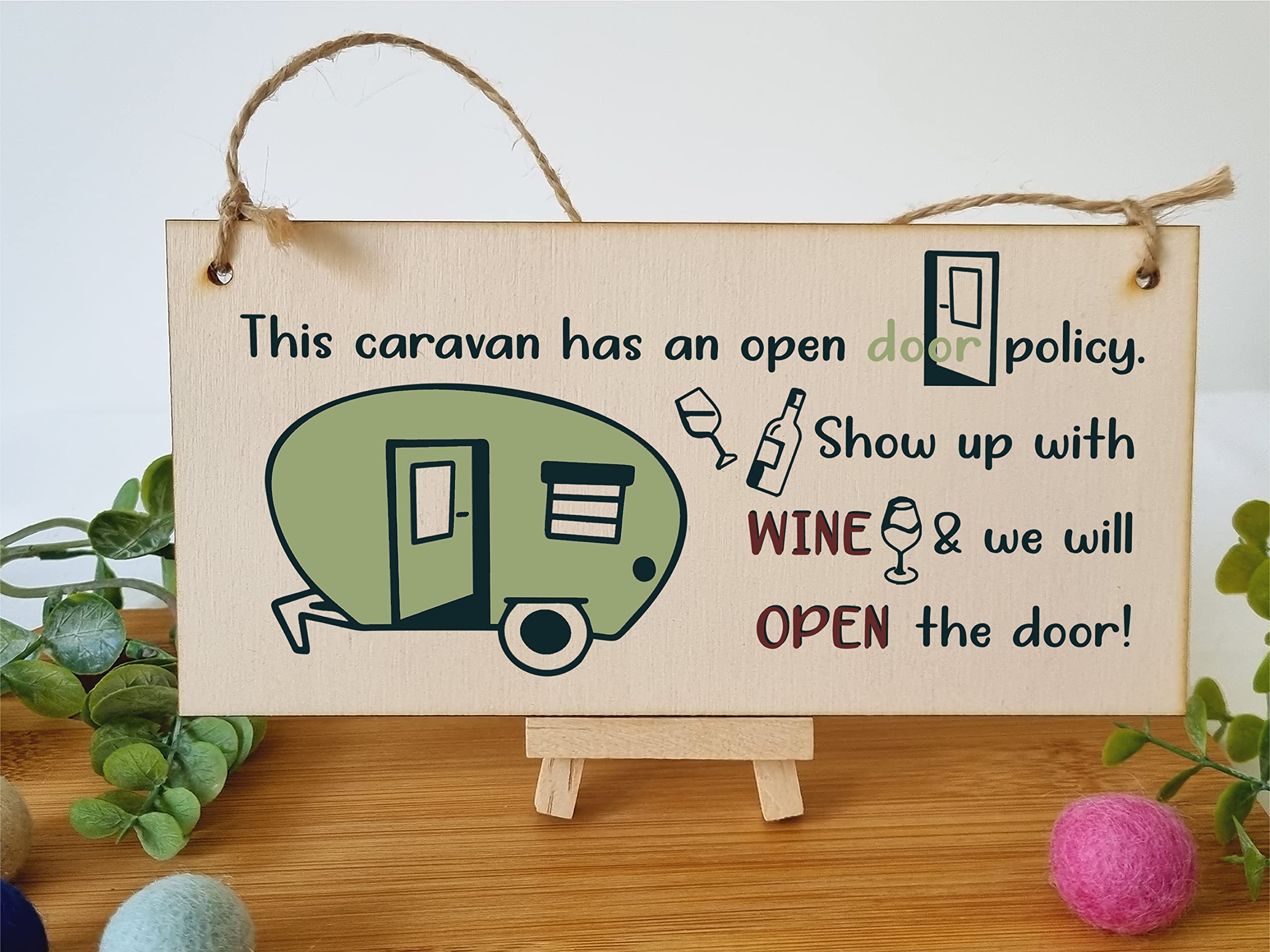 The Plum Penguin Handmade Wooden Hanging Wall Plaque Caravn Open Door Policy Bring Wine Funny Friendship Sign for Caravan Camper