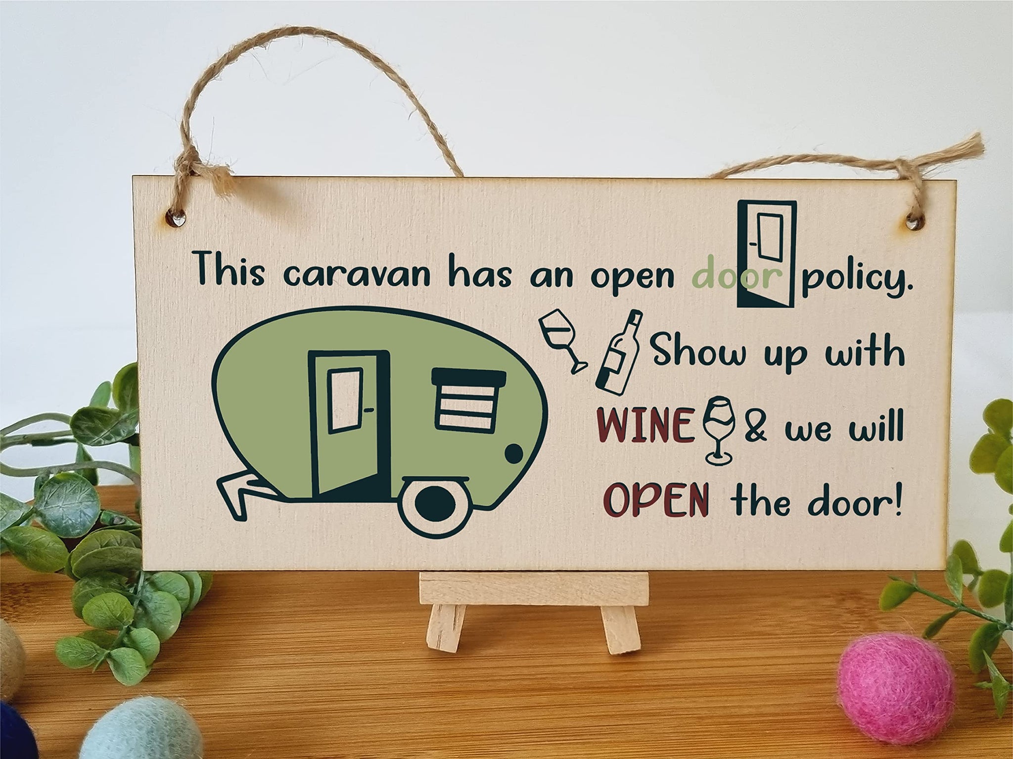 The Plum Penguin Handmade Wooden Hanging Wall Plaque Caravn Open Door Policy Bring Wine Funny Friendship Sign for Caravan Camper