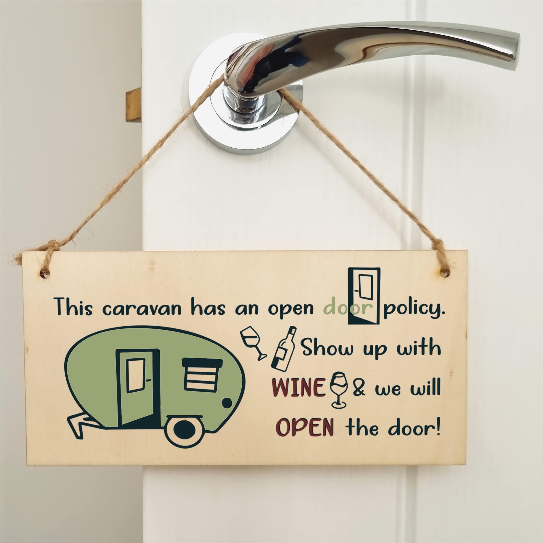 The Plum Penguin Handmade Wooden Hanging Wall Plaque Caravn Open Door Policy Bring Wine Funny Friendship Sign for Caravan Camper
