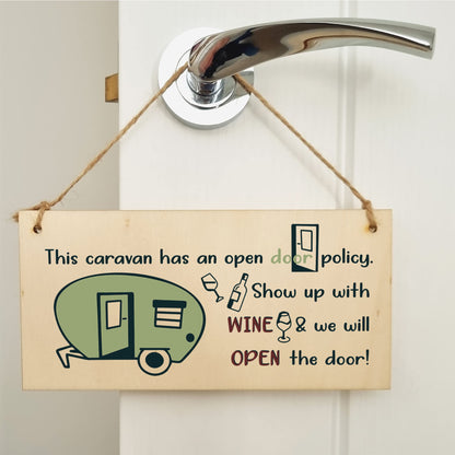 The Plum Penguin Handmade Wooden Hanging Wall Plaque Caravn Open Door Policy Bring Wine Funny Friendship Sign for Caravan Camper