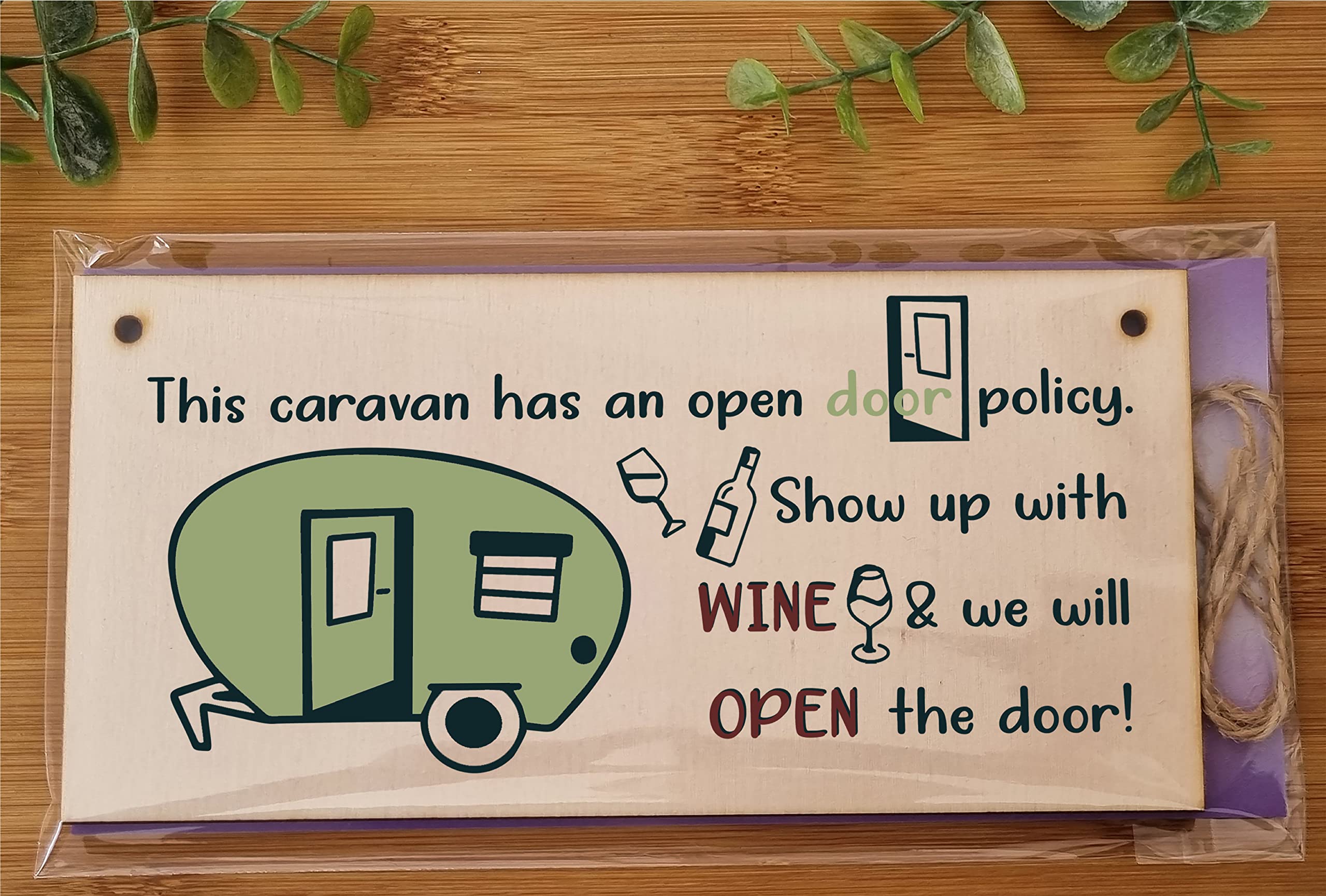 The Plum Penguin Handmade Wooden Hanging Wall Plaque Caravn Open Door Policy Bring Wine Funny Friendship Sign for Caravan Camper