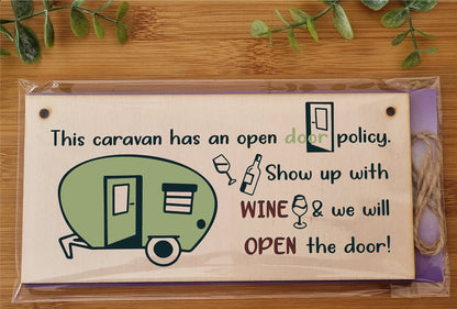 The Plum Penguin Handmade Wooden Hanging Wall Plaque Caravn Open Door Policy Bring Wine Funny Friendship Sign for Caravan Camper