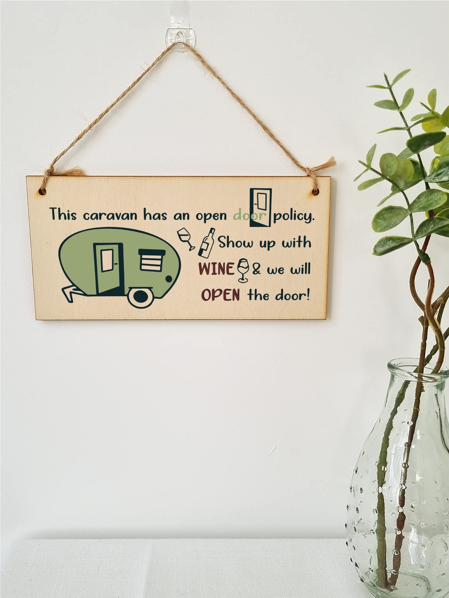 The Plum Penguin Handmade Wooden Hanging Wall Plaque Caravn Open Door Policy Bring Wine Funny Friendship Sign for Caravan Camper