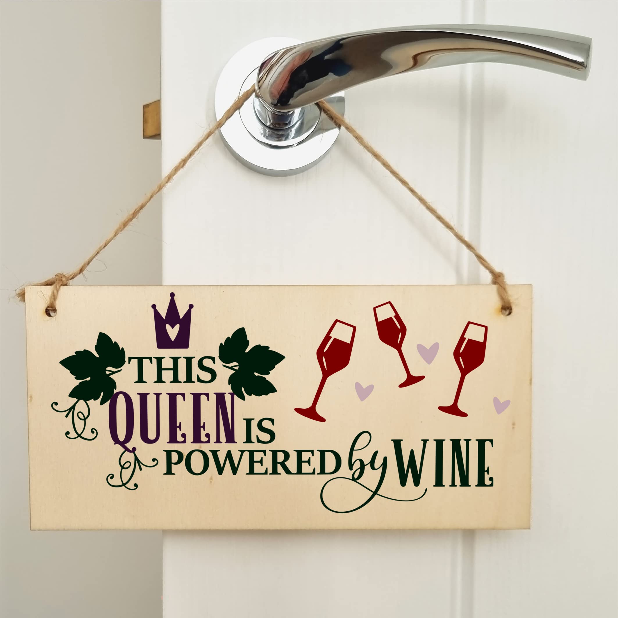 The Plum Penguin This Queen Powered by Wine Funny Novelty Handmade Wooden Hanging Wall Plaque Gift Kitchen Home Bar Sign Decoration