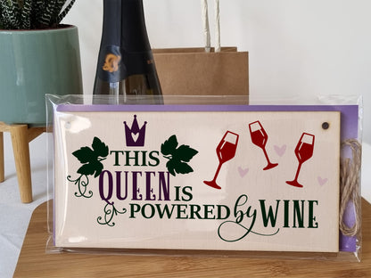 The Plum Penguin This Queen Powered by Wine Funny Novelty Handmade Wooden Hanging Wall Plaque Gift Kitchen Home Bar Sign Decoration