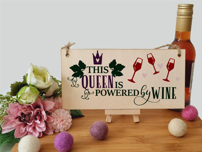 The Plum Penguin This Queen Powered by Wine Funny Novelty Handmade Wooden Hanging Wall Plaque Gift Kitchen Home Bar Sign Decoration