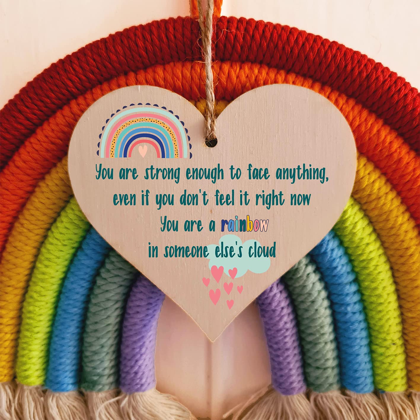 The Plum Penguin Handmade Wooden Hanging Heart Plaque Gift Strong Enough Rainbow in Someones Cloud Inspirational Wall Hanger Card Alternative Friendship