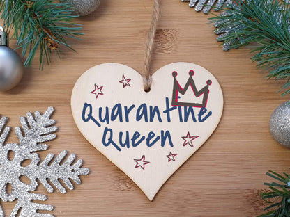 The Plum Penguin Handmade Wooden Hanging Heart Plaque Christmas Tree Bauble Quarantine Queen Novelty Celebration Year of Lockdown Wall Hanger