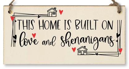 The Plum Penguin Handmade Wooden Hanging Wall Plaque Home Built on Love and Shenanigans Fun Sentimental Decorative Sign Family