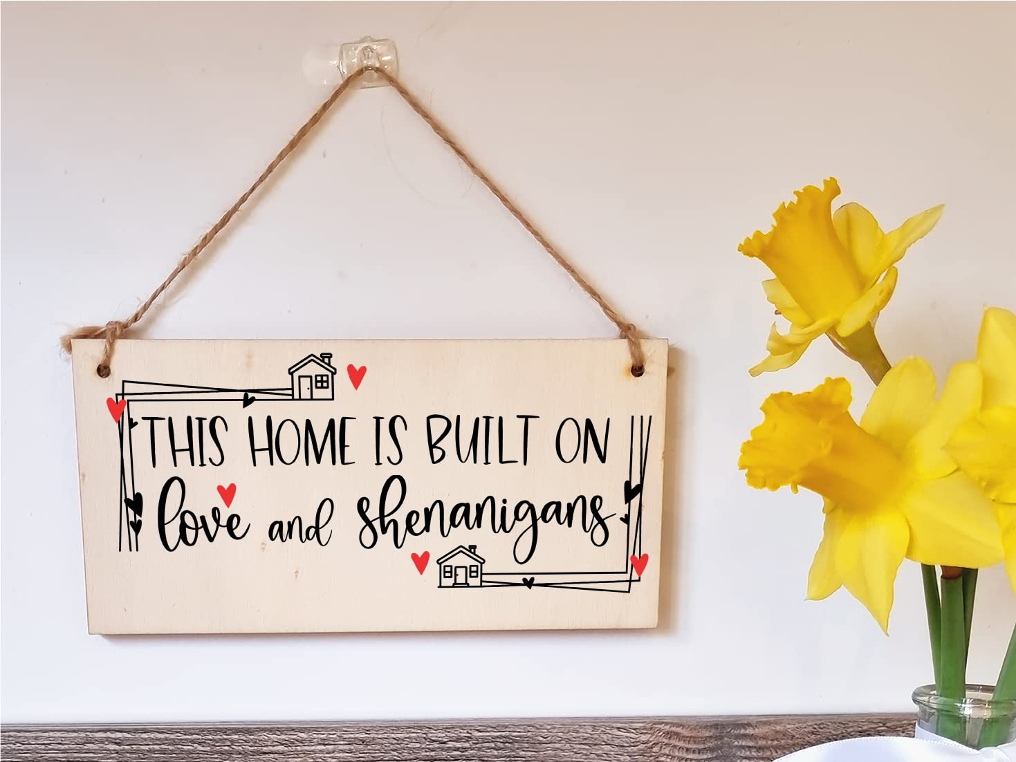 The Plum Penguin Handmade Wooden Hanging Wall Plaque Home Built on Love and Shenanigans Fun Sentimental Decorative Sign Family