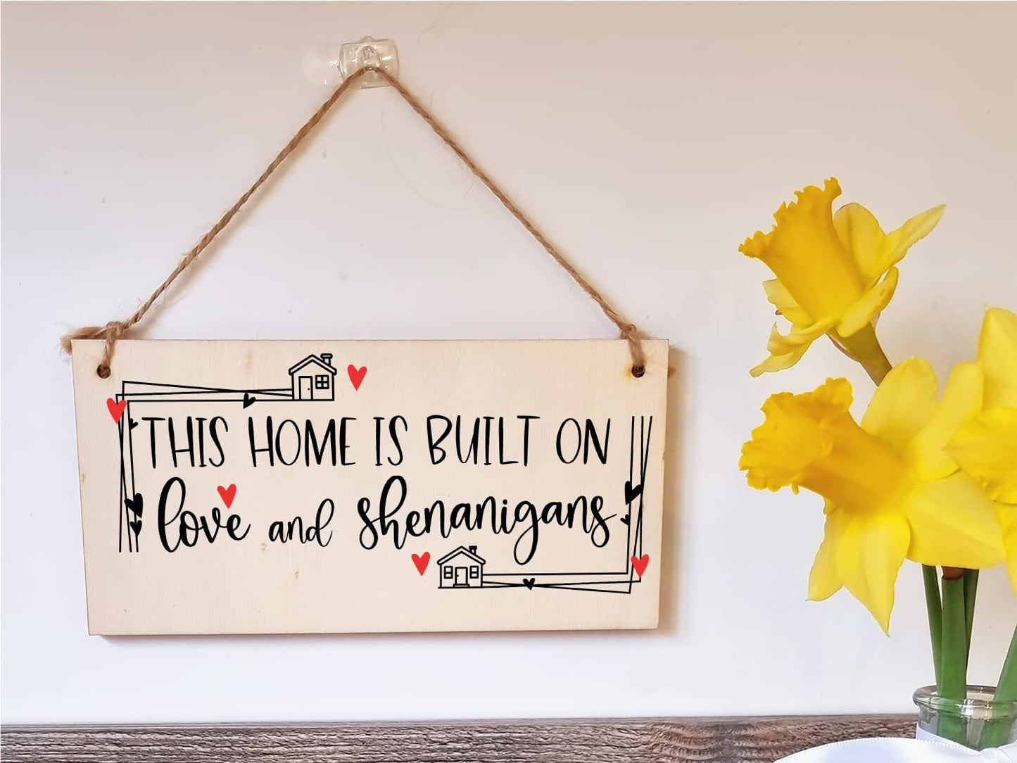 The Plum Penguin Handmade Wooden Hanging Wall Plaque Home Built on Love and Shenanigans Fun Sentimental Decorative Sign Family