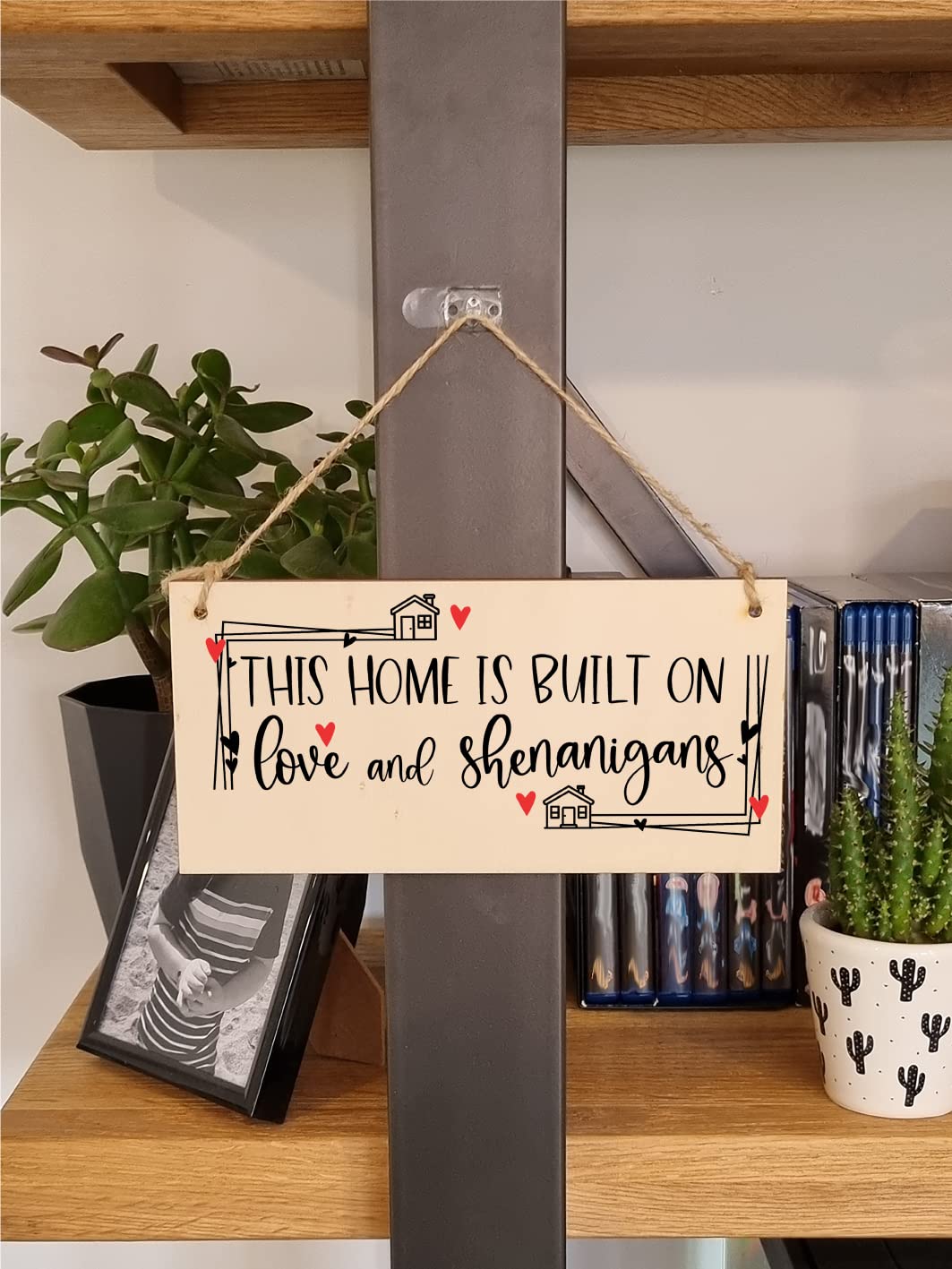 The Plum Penguin Handmade Wooden Hanging Wall Plaque Home Built on Love and Shenanigans Fun Sentimental Decorative Sign Family