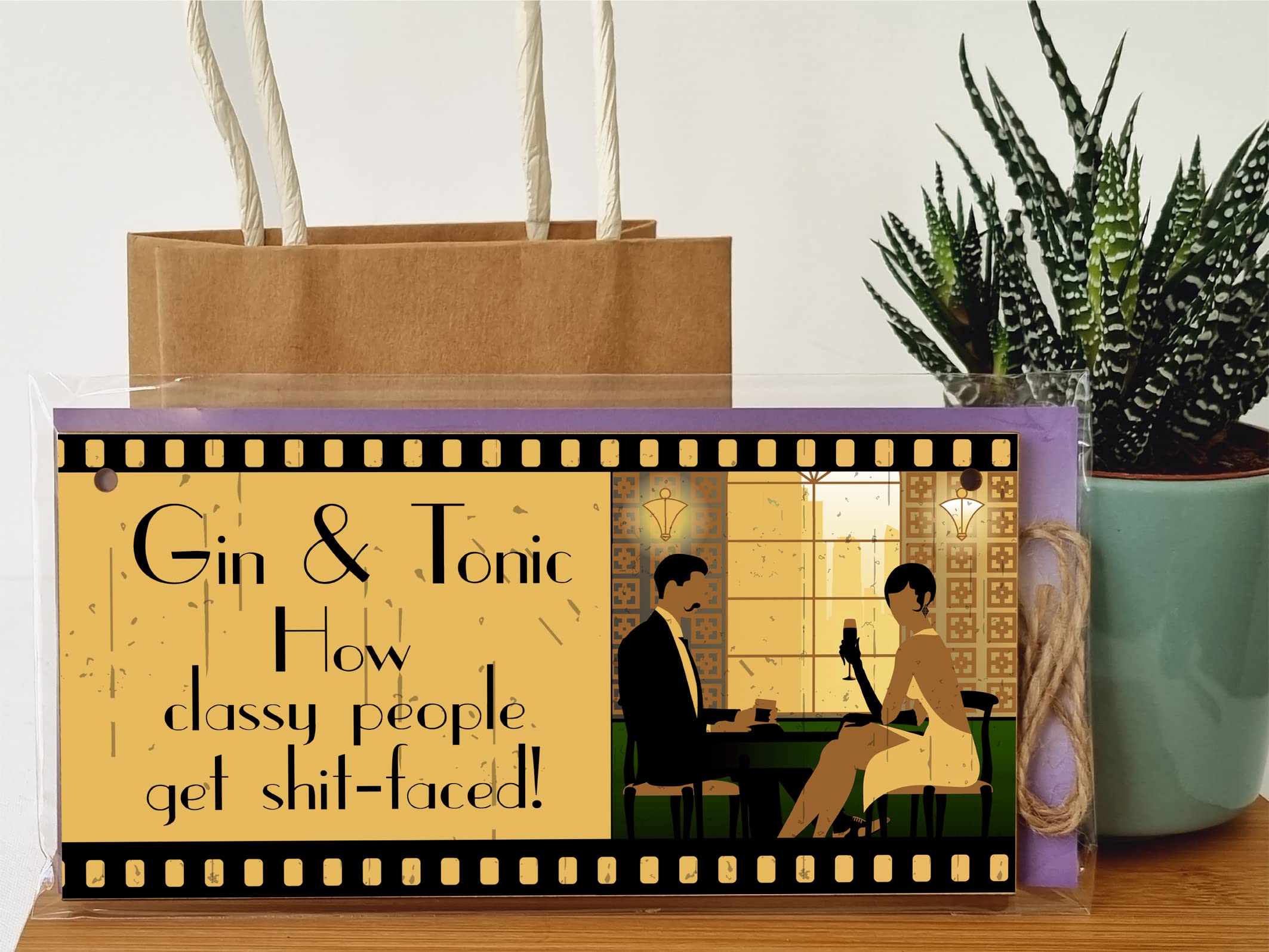 The Plum Penguin Handmade Wooden Hanging Wall Plaque Wine Gin & Tonic How Classy People Get Drunk Pun Novelty Sign Gin Lovers